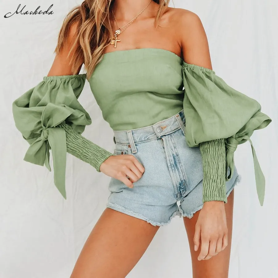 

Macheda Fashion Solid Color Off Shoulder Slash Neck Crop Tops Women Summer Casual Lantern Sleeve Shirts Lady Blouse 2019 New