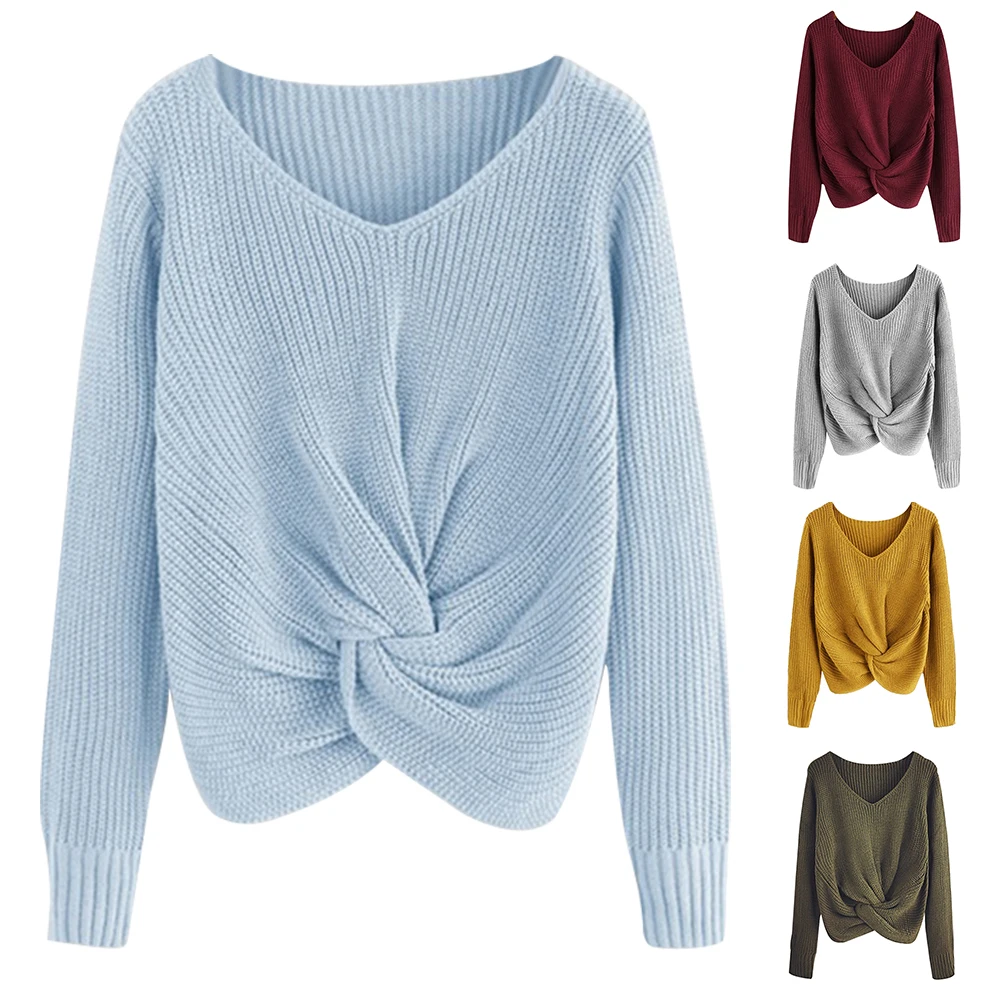 Autumn V-neck T-Shirt Casual Patchwork Ladies Knotted Loose Blouse Tops Pullover
