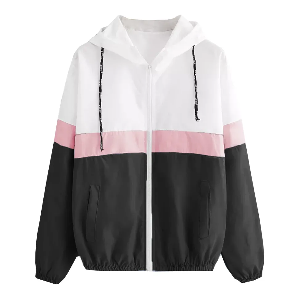 Spring Autumn Fashion Hooded Two Tone Windbreaker Jacket Zipper Pockets Casual Long Sleeves