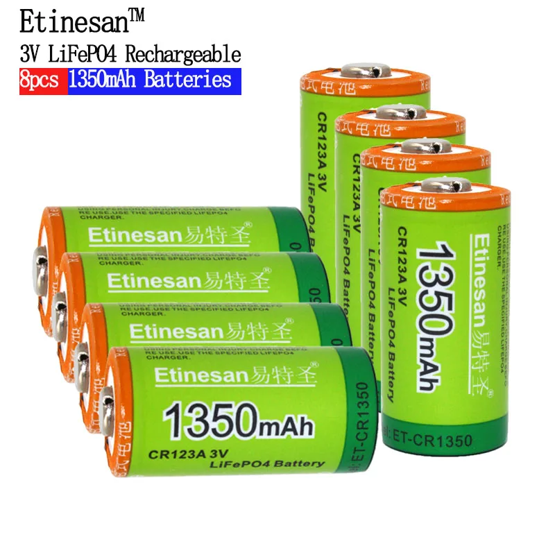 8 шт. Etinesan Cr123a 3 в LiFePO4 литиевые батареи Li-Po 16340 3,0 в li-Ion Li-polymer 1350 мАч большой емкости перезаряжаемый аккумулятор