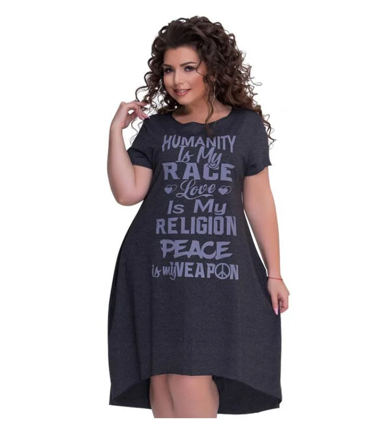 

5XL 6XL Large Size 2019 Summer Dress Big Size Casual Letter Print Dress Blue Gray Purple A-Line Dresses Plus Size Women Clothing