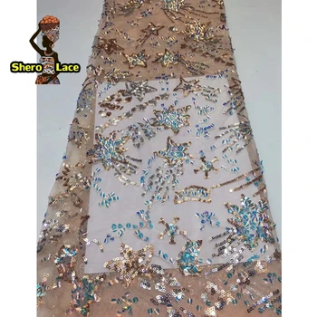 

nigeria party french lace fabrics embroidery gold color african tulle laces fabric with sequins for women dress