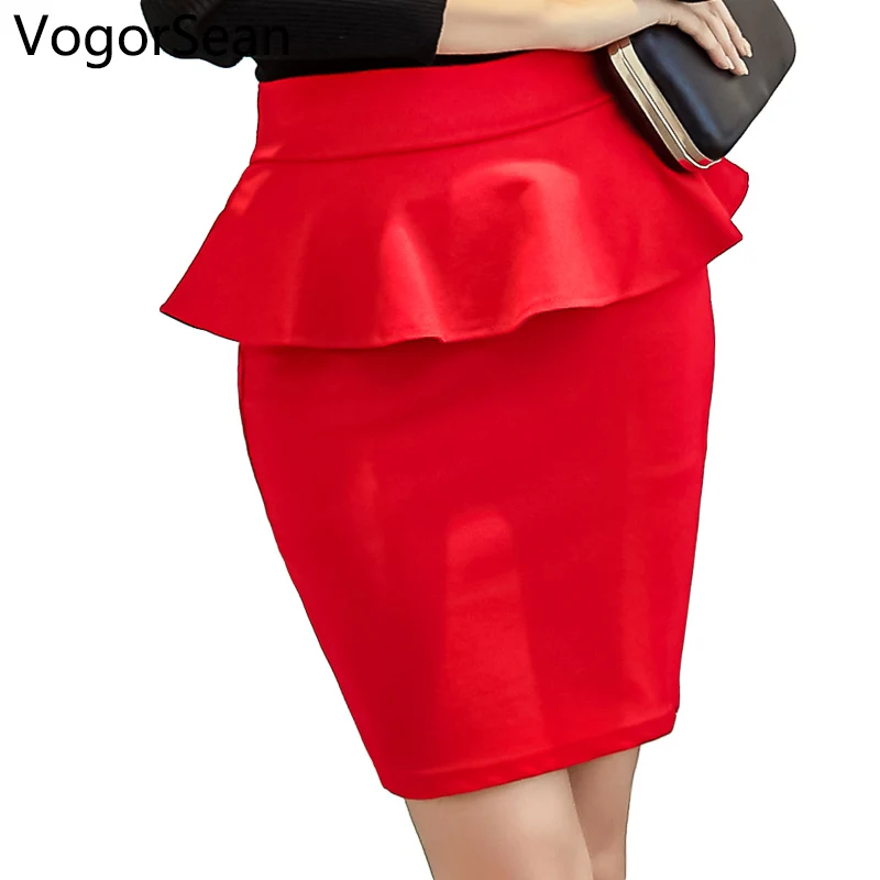

VogorSean Womens New Summer Autumn Fashion Office Lady Skirts For Work Red Color Elastic Knee Length Slim Skir Women Plus Size