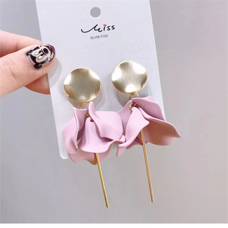 

New Korean Sweet Big Long Statement Pink Petals Flower Earrings Punk Earring For Women Girls Fashion Jewelry