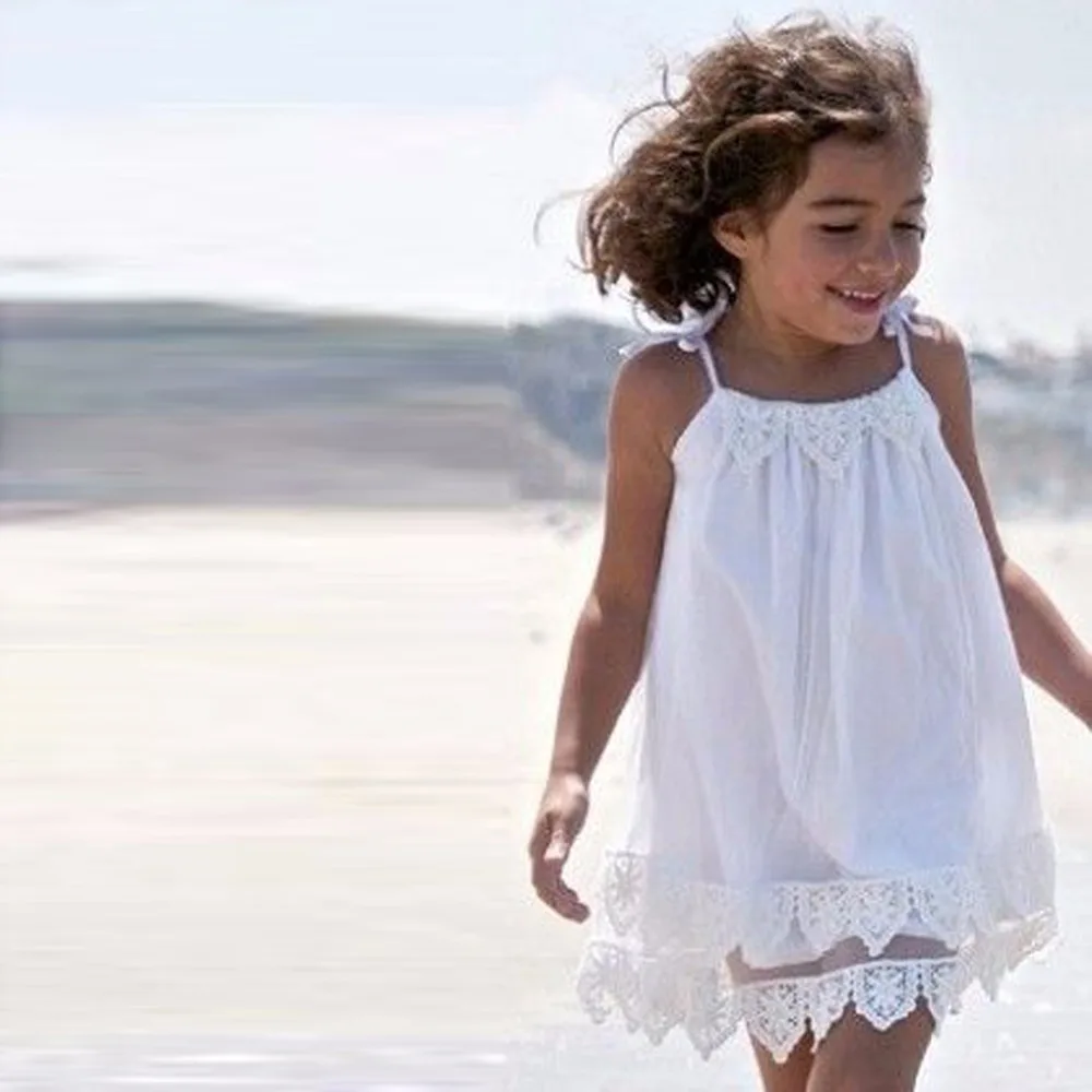 

Baby Girls Dress Kids Summer Lace Strappy White Mesh Dress Beach Sleeveless Sundress Princess Solid Dress Clothes For Girls