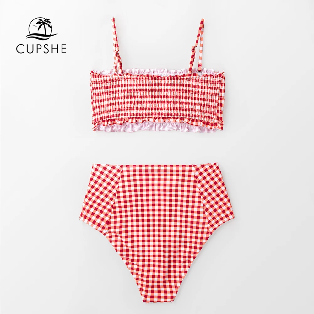 CUPSHE пикантные туфли с красной Gingham Smocked бандо Бикини комплекты Для женщин милые Высокая Талия Двойка купальники Для Девочек Пляжные купальные костюмы