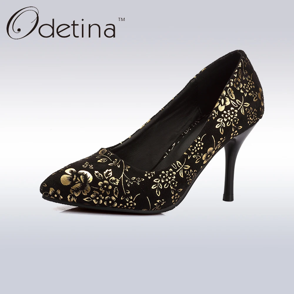 

Odetina 2017 Luxury Women Golden Printed Floral Basic Pumps Ladies Fashion Stiletto High Heels Pointed Toe Women Dress Shoes