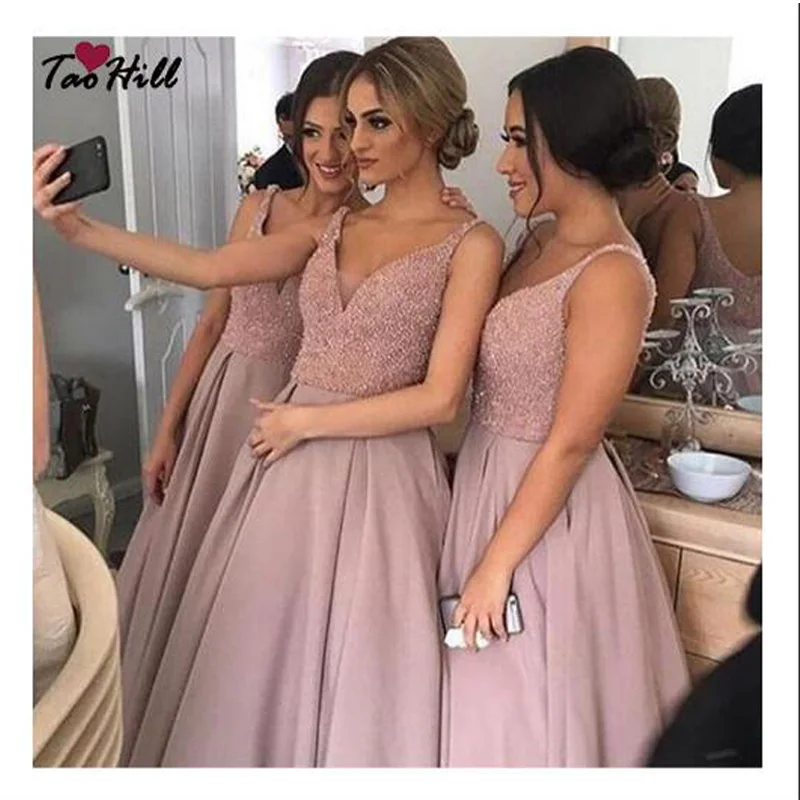 

TaoHill 2019 Elegant A-line Deep V-neck Straps Shiny Beads and Crystals Dusty Pink Bridesmaid Dresses