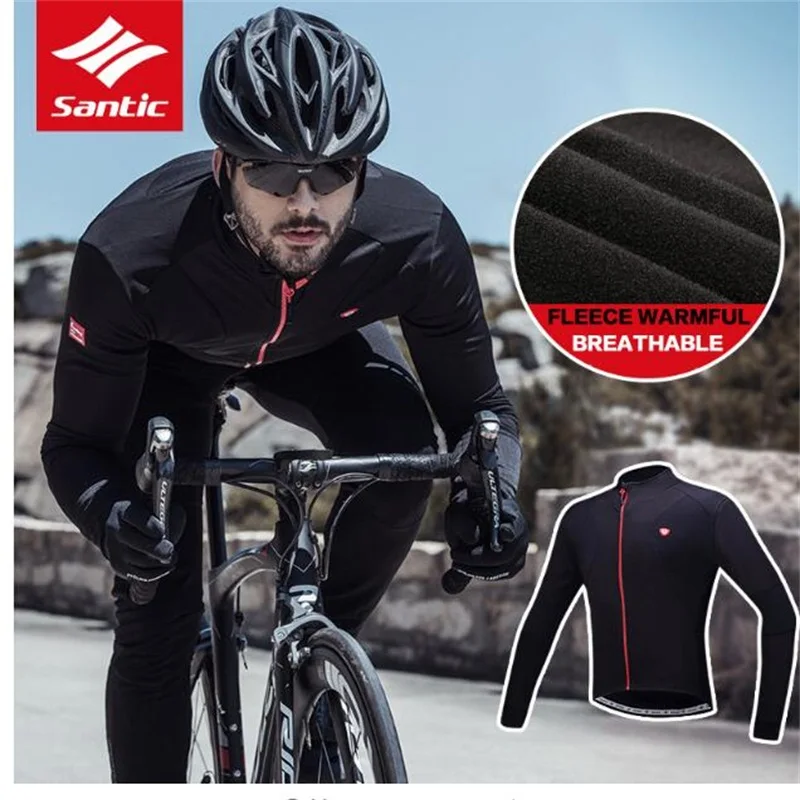 

Santic Cycling Jerseys Men Thermal Fleece Long Sleeve Cycling Jacket Outdoor Windproof Full Zipper Warm Cycling Jacket