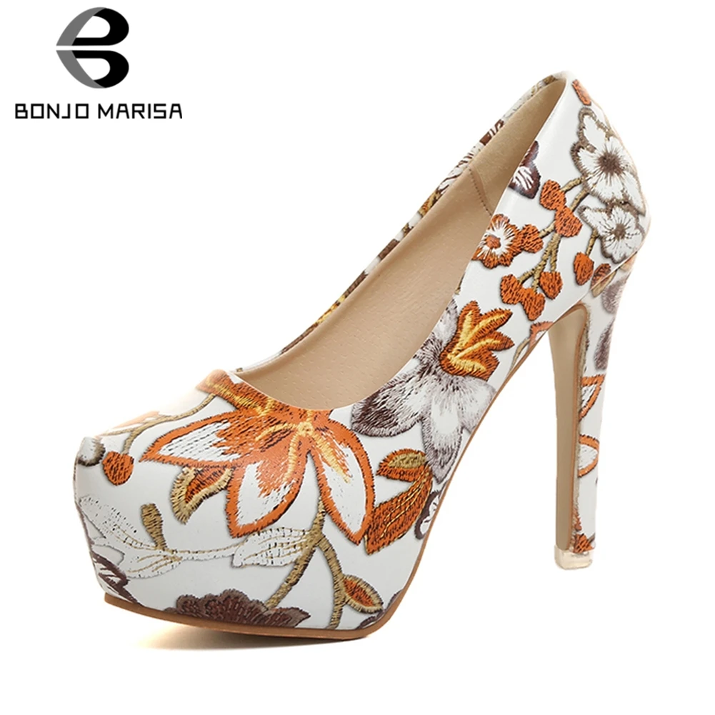 

BONJOMARISA New Dropship Sexy Embroider Flower Wedding Pumps Women 2019 Autumn Shallow Women High Heels Shoes Woman 34-42