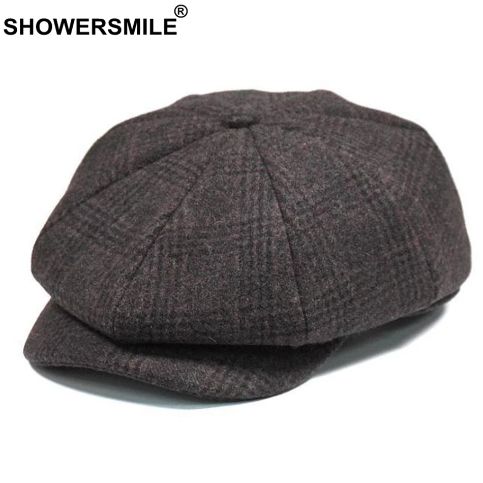 Coffee Hat SHOWERSMILE брендовая клетчатая кепка Newsboy, Мужская винтажная шерстяная восьмиугольная кепка, Мужская теплая зимняя шапка для художника, серая кепка в британском стиле, s и головные уборы - Цвет: Coffee Hat