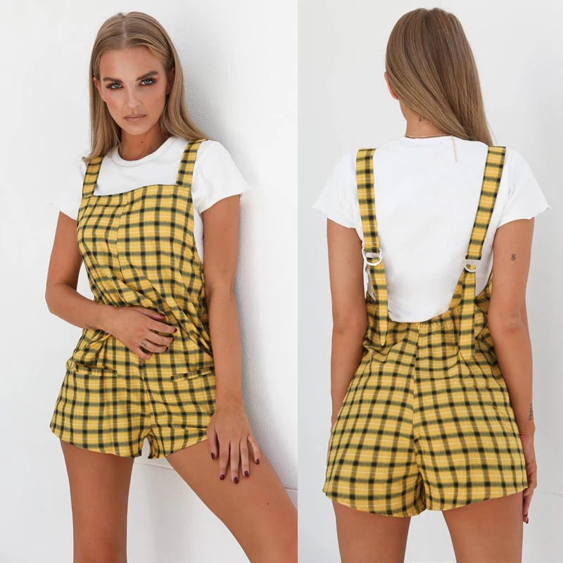 

XXL Plus Size Summer Red Yellow Plaid Overalls Rompers Women Jumpsuit Sleeveless Adjustable Straps Playsuits