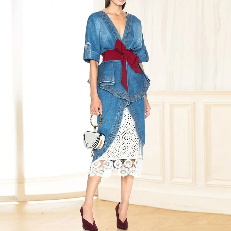 

2018 Autumn Fashion 2 Pieces Dress V_neck Bow Denim Dress +Mid-Calf Slim Pretty High Quality Ruffled Dress