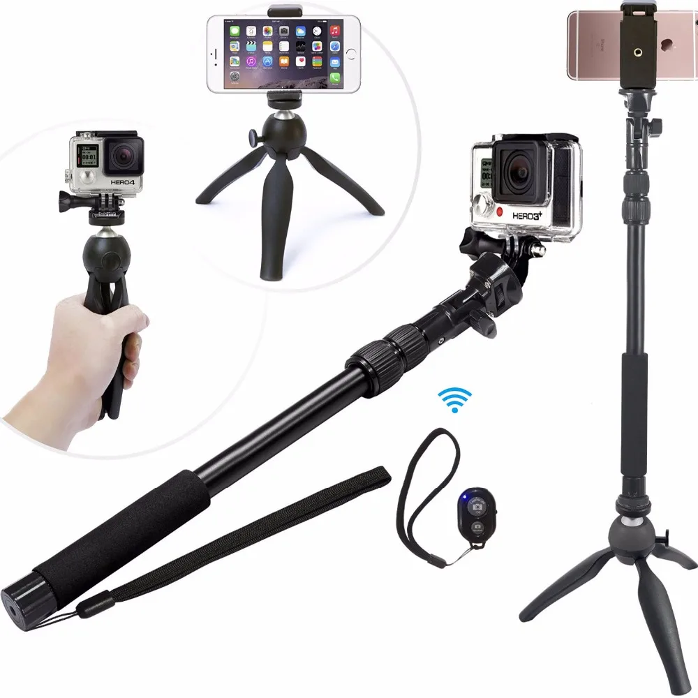 3 in 1 high quality aluminum alloy bluetooth selfie stick for gopro 385 885mm extendable monopod
