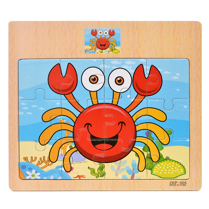 Crab 12 штук, пазлы для раннего образования, деревянные игрушки для детей, Мультяшные животные, дорожные познавательные головоломки, интеллектуальные игрушки - Цвет: Crab