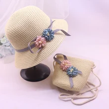 Новинка, 2 шт., женская соломенная шляпа с бантом и цветочным принтом, с широкими полями, для родителей и детей, шапочка для пляжа, C55K, распродажа