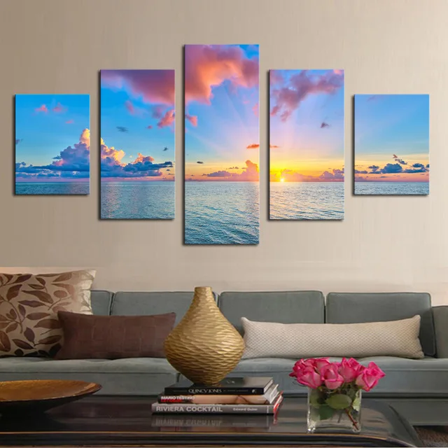 

Framed 5 Panels Sunset and ocean Scenery Canvas Print Painting Modern Wall Art for Pcture Home Decor Artwork