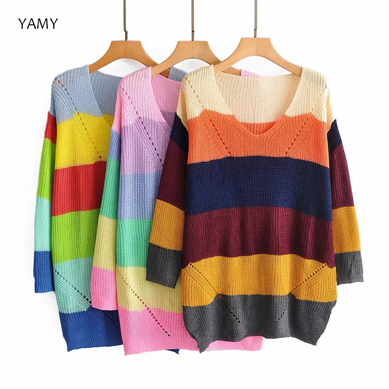 

Rainbow Sweater Women Fall Winter loose long Sweater Dress causal pink knitting Pullovers Jumper sweters women invierno 2019