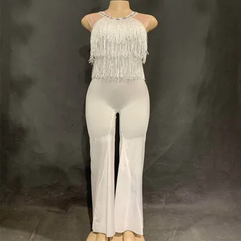 

New Style White Fringe Sexy Jumpsuit Female Singer Dancer Nightclub Bar Show Bodysuit Costume Stage Wear DS Performance Clothing