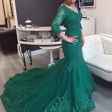 Длинные рукава кружевное вечернее платье Русалка Плюс Размер v-образный вырез бисер Арабский мусульманский Женский Золотой формальный выпускной вечер вечерние платья Robe De Soiree