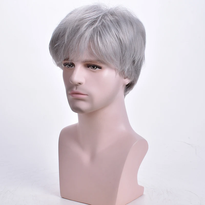 MSIWIGS Short Silver Grey Wig Mens Synthetic Hair Old People Wigs Straight for the aged White Color