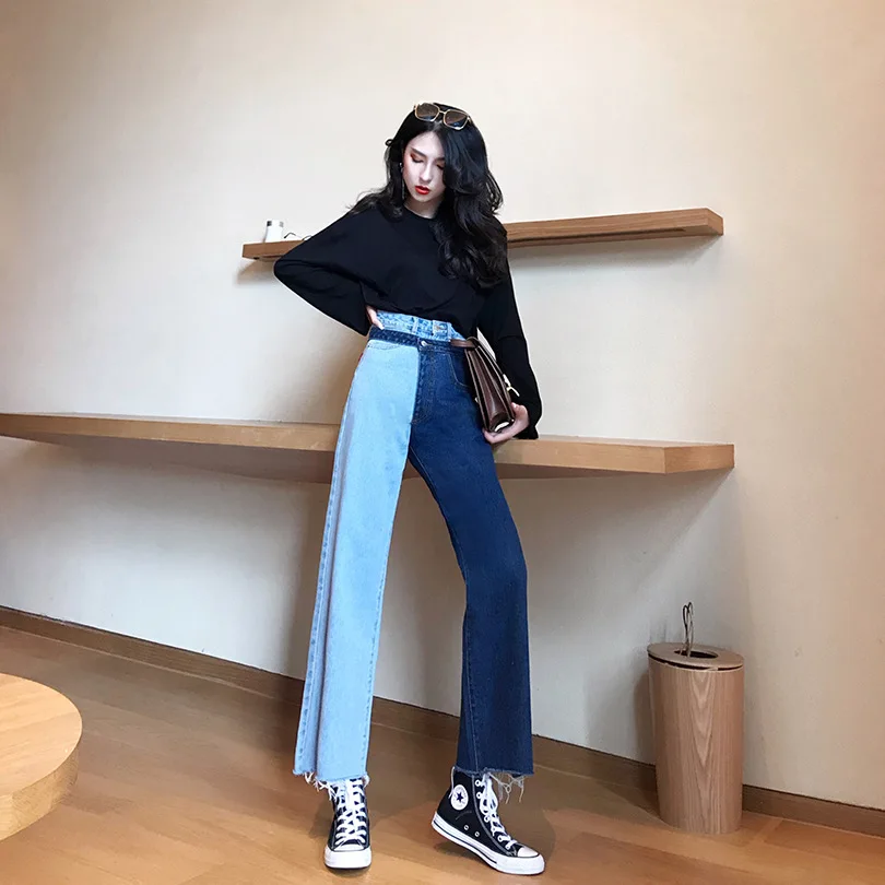 spring New style mock two-piece contrasting color stitching jeans women's Hong Kong-style slimming straight-cut ankle-lengt