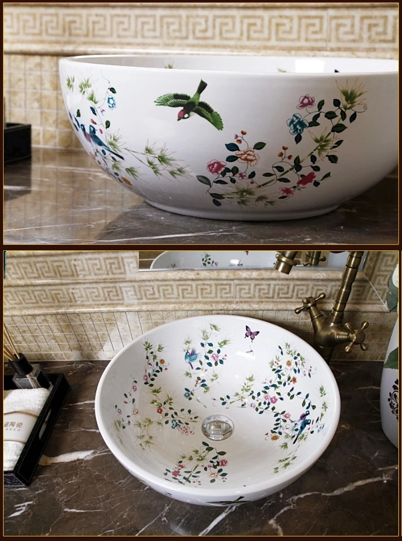 China Painting bird and flower Ceramic Sinks Counter Top Wash Basin vanities Bathroom Sink vessel wash basin ceramic bowl (1)