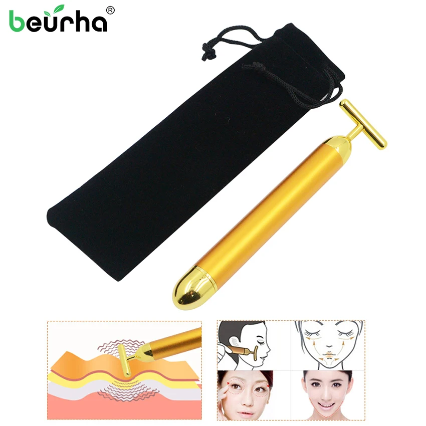 

Face Massager Vibrate Slimming Face 24k Gold Vibration Facial Beauty Roller Massager Facail Massage Vibration With Black Bag