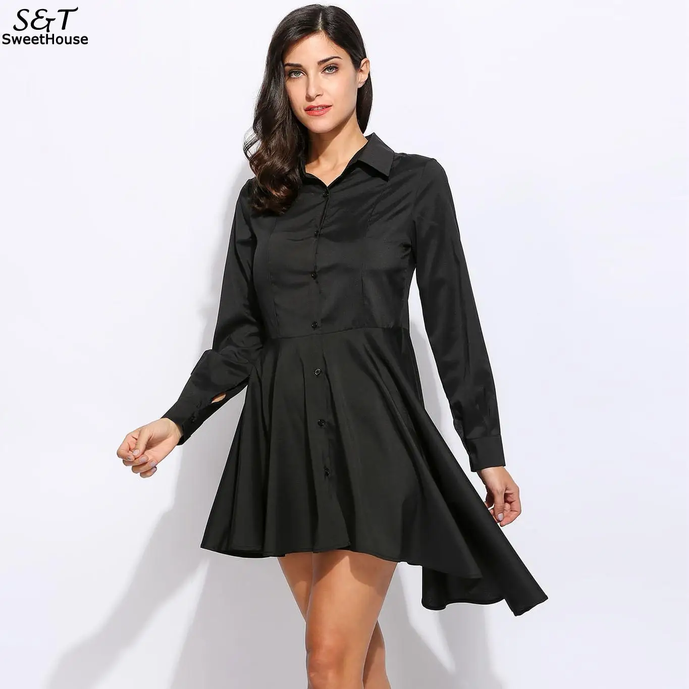 Dress Asymmetrical Hem Turn down Collar Long Sleeve Solid Casual Shirt