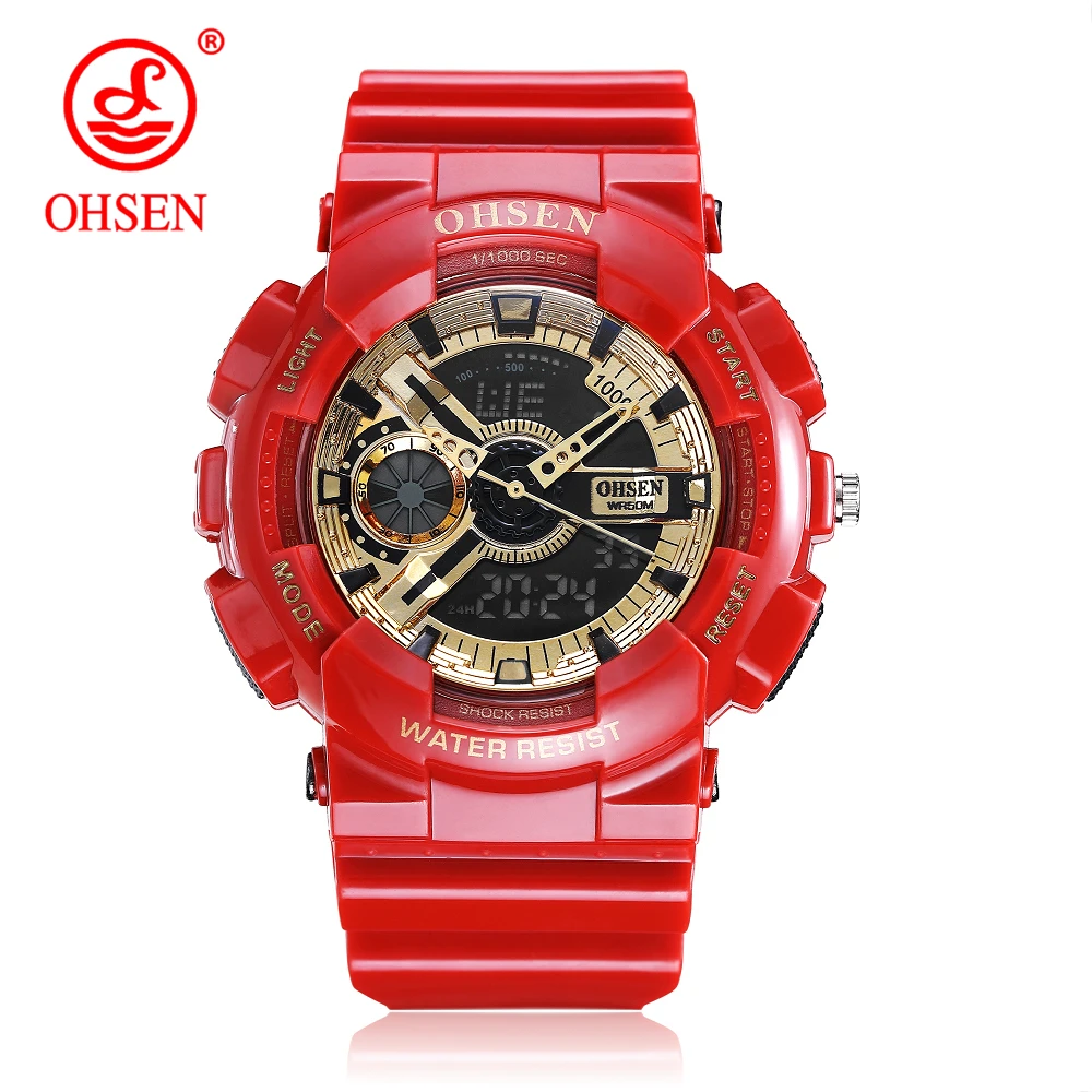 

2018 Top Sale OHSEN NEW Fashion Digital Sport Watch Mens Quartz Wristwatch Rubber Band Red 50m Waterproof LED Watch Relogios