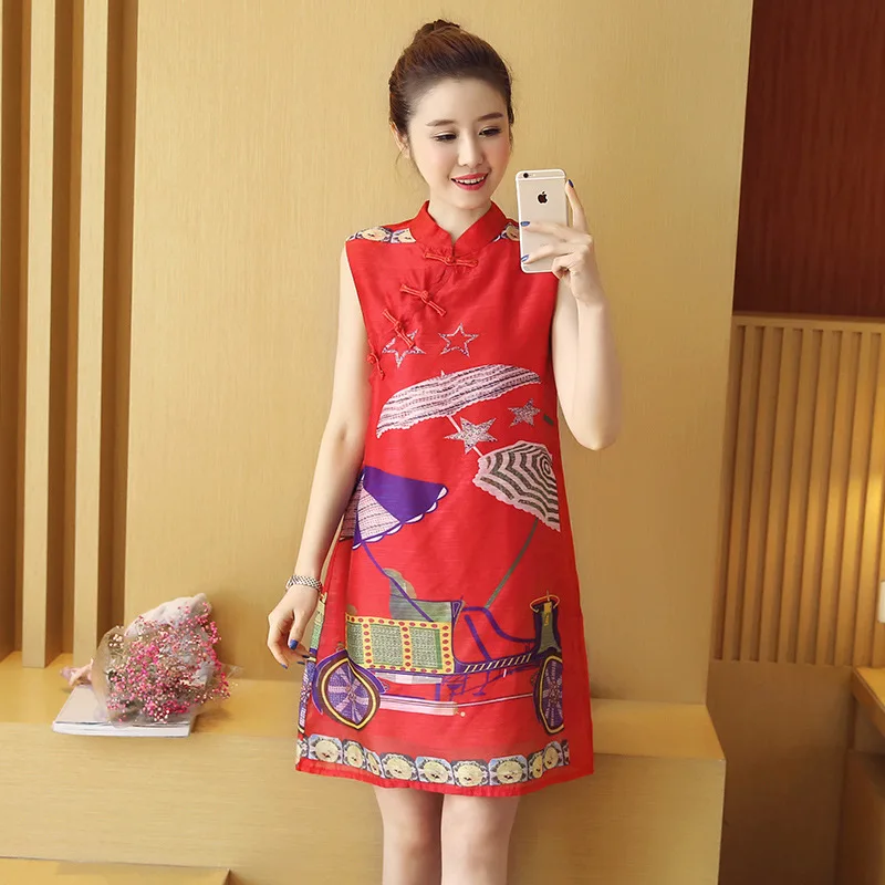 

Vintage Printed Sleeveless Red Maternity dresses Summer Fashion maternity cheongsam pregnant women Materniry clothes for Party