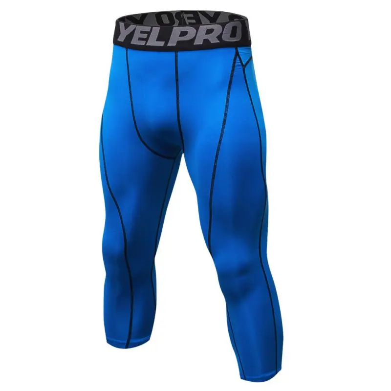 Мужские леггинсы для фитнеса обтягивающие быстросохнущие компрессионные 3/4 брюки для мужчин высокие эластичные профессиональные короткие брюки Капри - Цвет: Синий