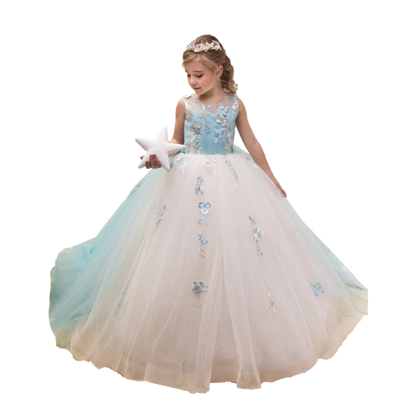 

Ice Blue Flower Girl Dresses for Weddings Lace Tulle Summer Party Dress Long Kids Evening Ball Gowns Little Girls Pageant Dress
