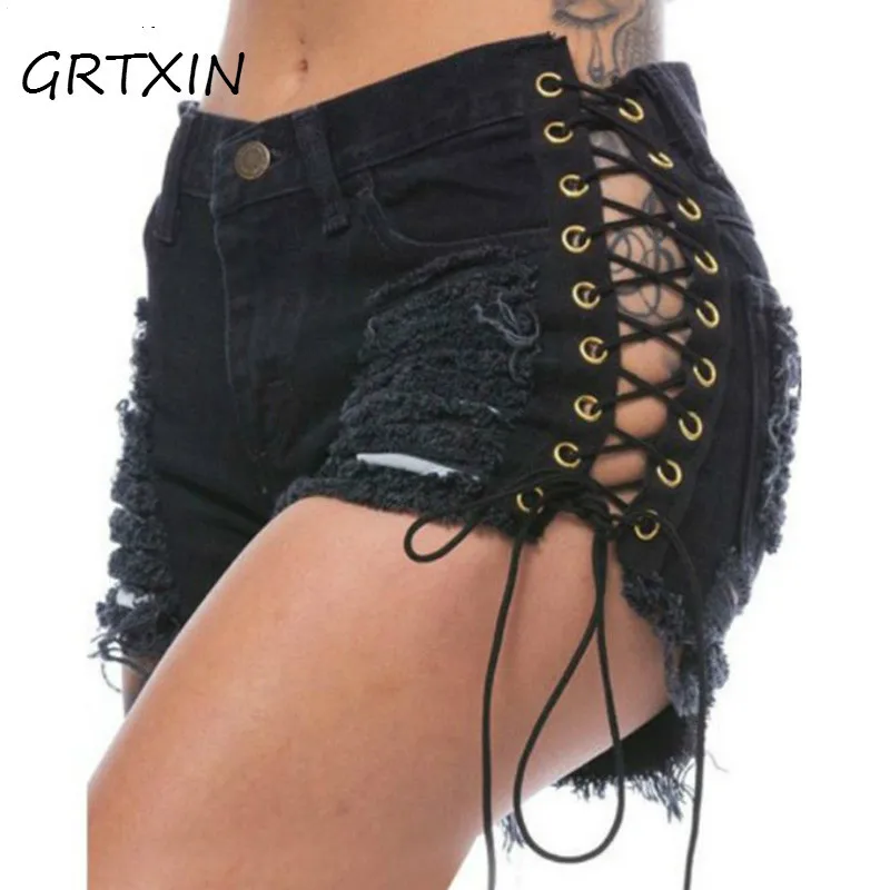 

Summer Solid Lacing Women Denim Shorts Slim Sexy Bandage Jeans Shorts Female Ripped Short Pants