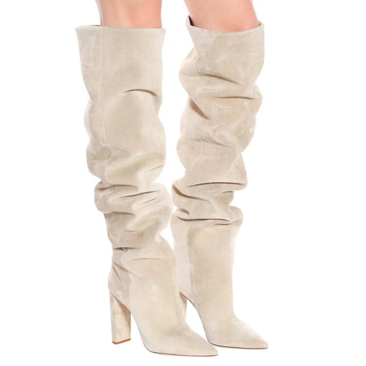 Европейская и американская мода; Новинка года; женские пикантные кожаные сапоги до колена на толстом каблуке с рукавами; Прямые высокие сапоги - Цвет: Слоновая кость