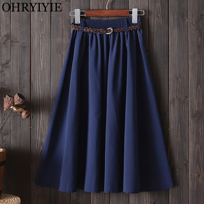 

OHRYIYIE Midi Knee Length Women Spring Summer Skirt College Wind Style High Waist A-Line Skirt With Sashes Female School Skirts