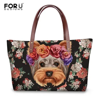 

FORUDESIGNS Women Animal Large Tote Handbags Floral Yorkie Print High Quality Top-handle Bags for Youth Girl Casual Shopping Bag
