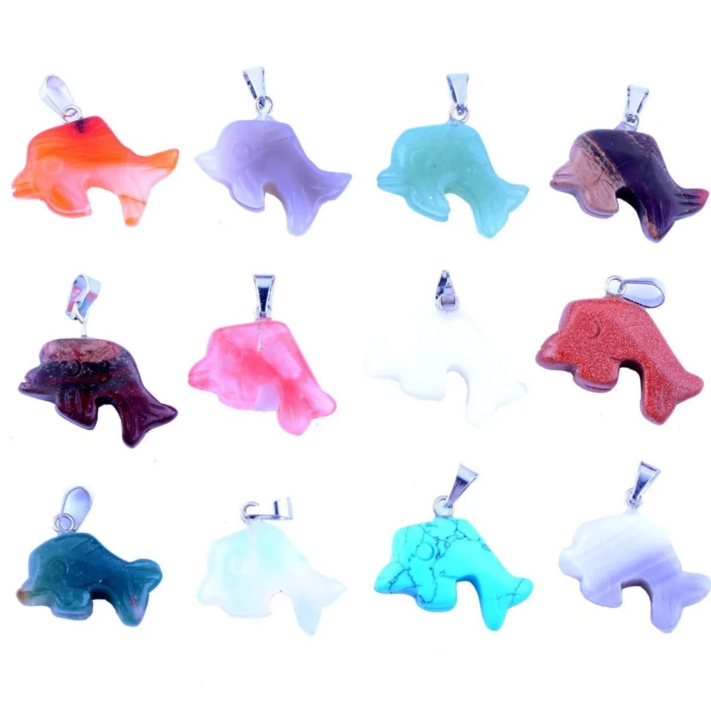 Wholesale Natural Stone Pendant 12Ppcs Assorted Healing Crystal Carved Dolphin Chakra Pendants For Necklace Jewelry Making | Украшения и