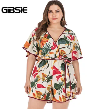 

GIBSIE Plus Size Boho Wrap V-neck Butterfly Sleeve Jumpsuit Romper Women Holiday Beach Style Summer Belted Print Playsuit