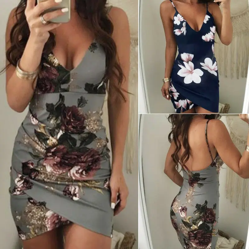 

Hot Summer Holiday Women Bandage Bodycon Casual Sleeveless Evening Party Club Mini Dress Floral Print V Neck Sexy Daily Clothes