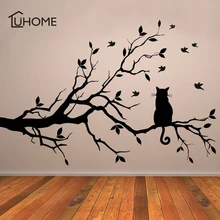 Милый Кот на ветка дерева с птицами стены стикеры Винил Искусство Наклейка окна трафарет для детской комнаты декор черный цвет 38x58 см