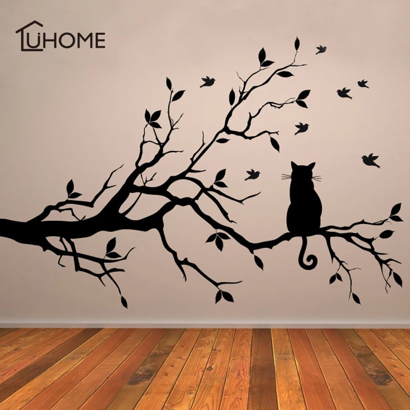 

Cute Cat on A Tree Branch Birds Wall Sticker Vinyl Art Decal Window Decal Stencil for Kids Room Decor Black Color 38x58cm