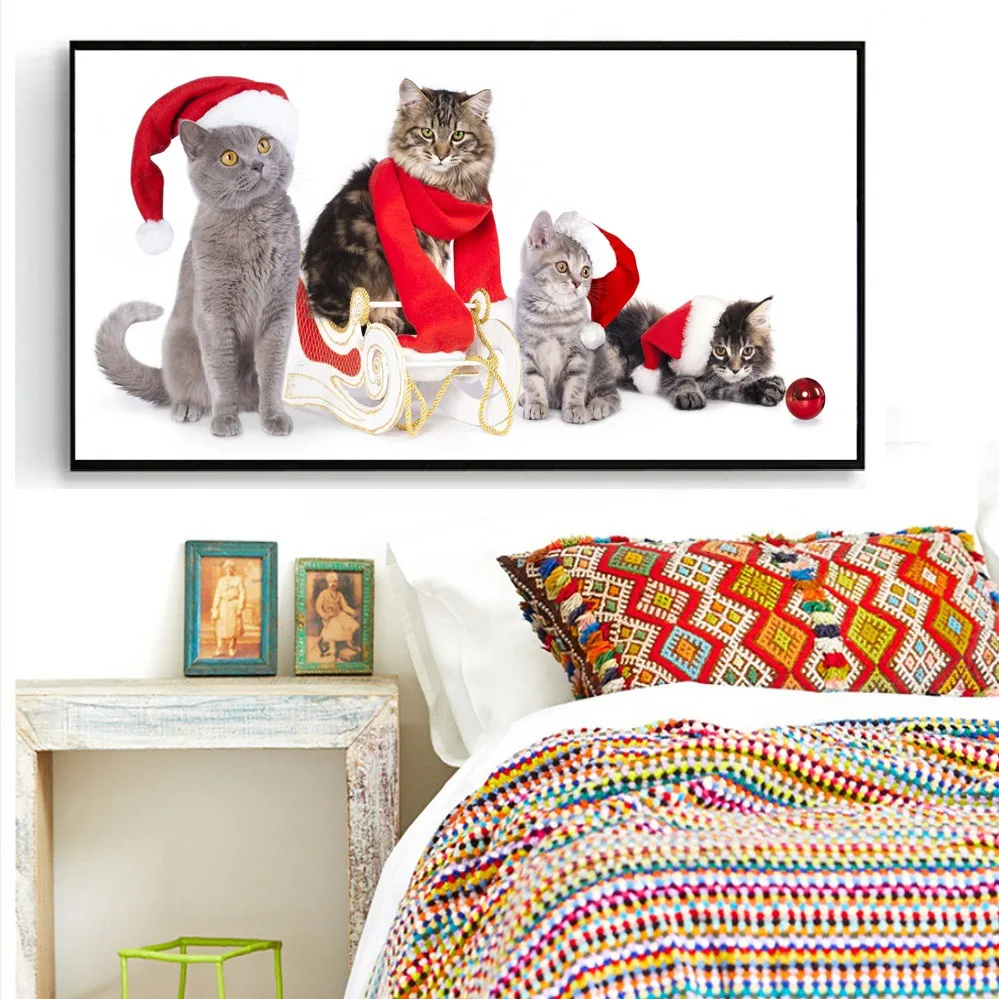 Fully Resin Round Rhinestone Christmas Cat Diamond Painting Cross