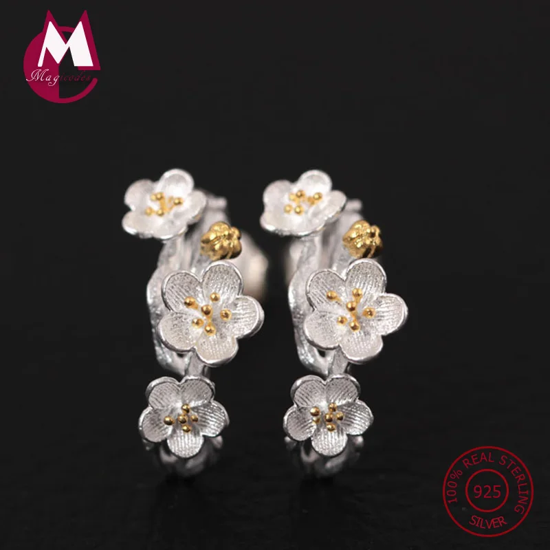 Женские серьги гвоздики из серебра 925 пробы с цветком сливы|stud earrings|jewelry earringsjewelry