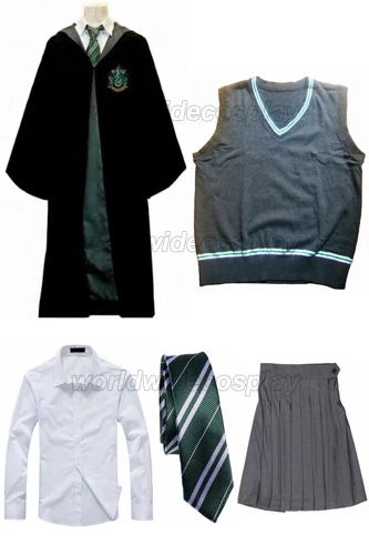 

Free Shipping Harry Slytherin Cosplay Robe Cloak Vest Shirt Skirt Custom made for Halloween and Christmas