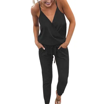 

New Arrival brand new Women's V Neck Spaghetti Strap Drawstring Waisted Long Pants Jumpsuit Rompers casual wearing