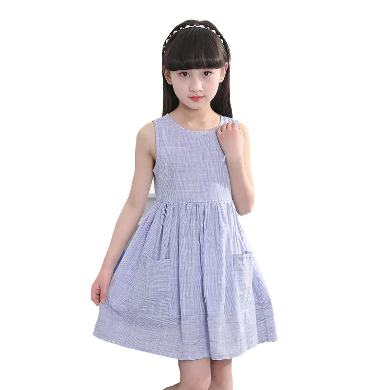 2018 Elegant Vintage Teenage Girl Dress Vertical Stripe Beach Style