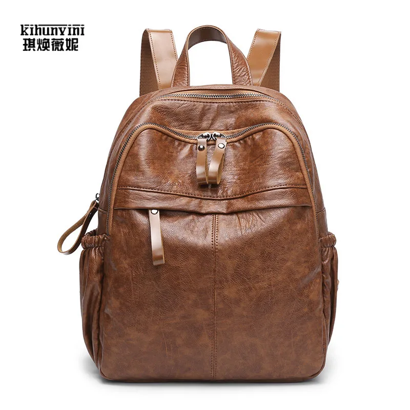 

KIHUNVINI Women Backpack Vintage PU Leather Backpacks for Teenager Girls Casual Travel Bag Pack Female Rucksack Shoulder Bags