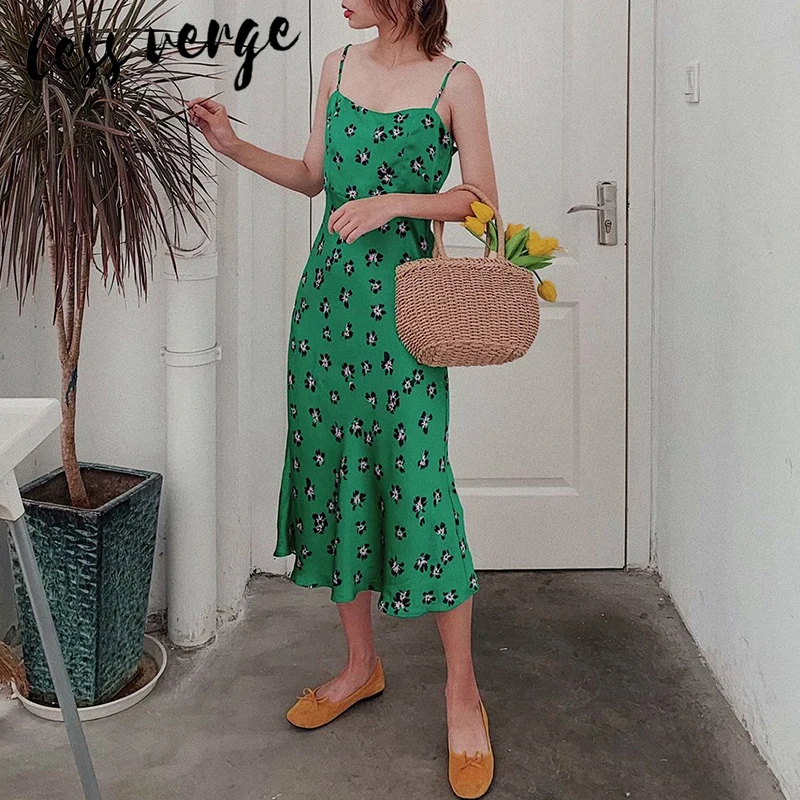 

lessverge Bohemian floral green sleeveless midi dress Women elegant satin vintage dress Casual a line summer dress vestidos robe