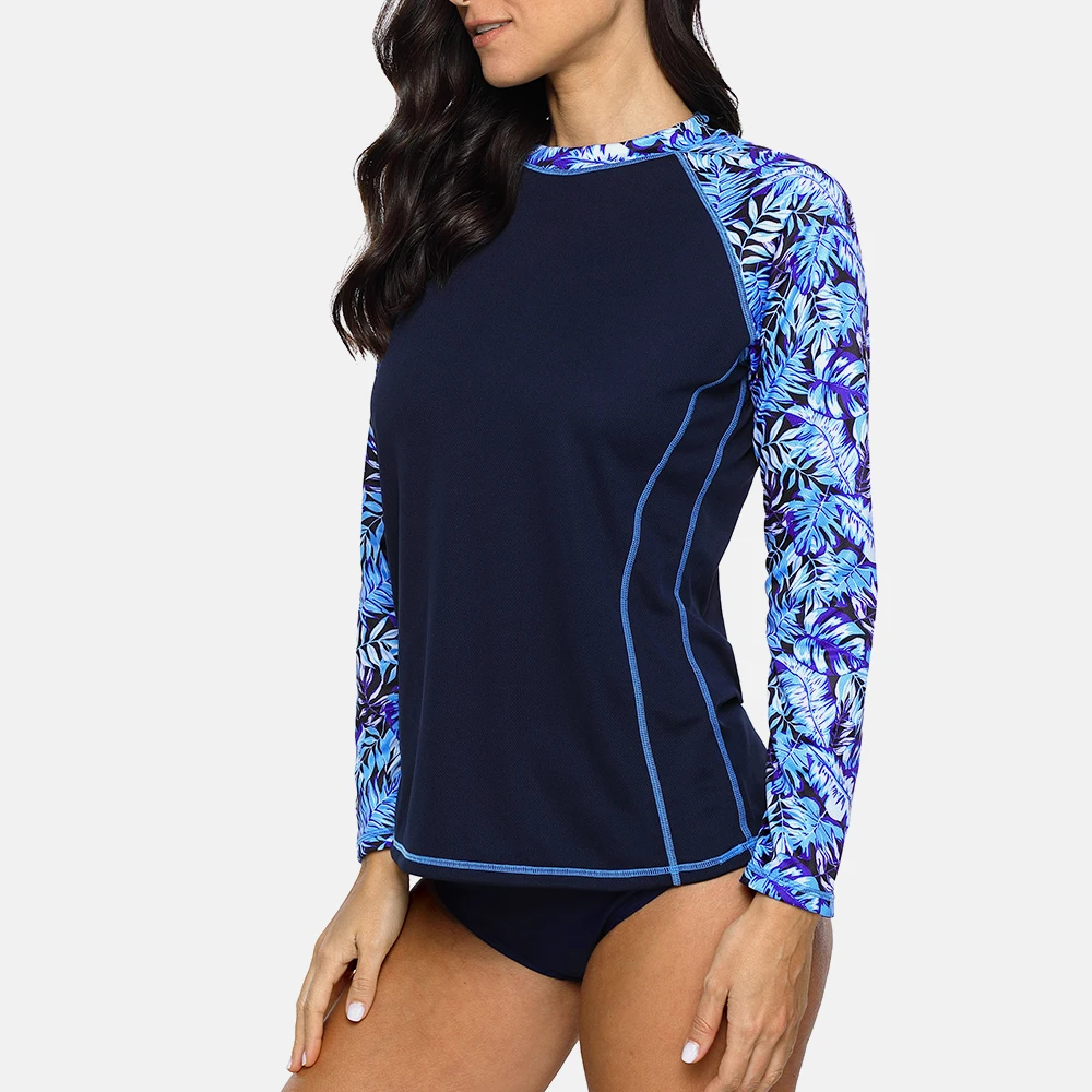 Charmo المرأة طويل كم Rashguard الرجعية الأزهار طباعة التجفيف السريع قميص تصفح أعلى المشي قمصان طفح الحرس UPF50 + تي شيرت
